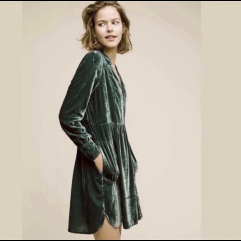 Anthropologie Green Velvet Dress